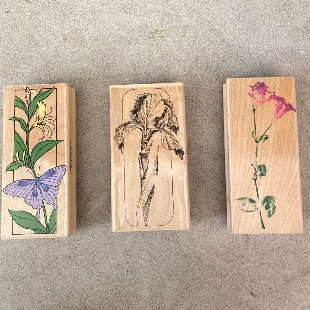 Set of 3 Wood Block Rubber Stamps Floral Butterfly